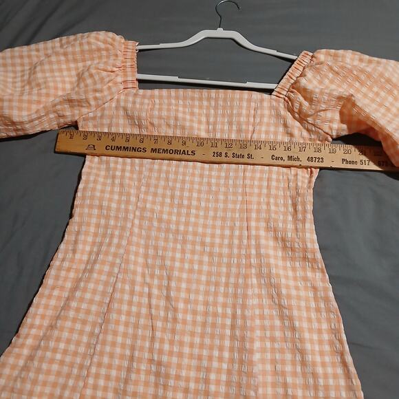 MABLE large peach seersucker gingham short puff sleeve fully lined mini-dress - Picture 8 of 14